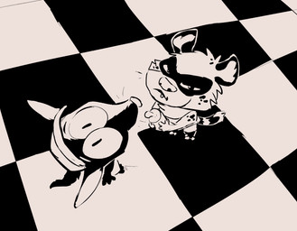 ambiguous_gender anthro baby_bottle baseball_cap bottle clothed clothing container duo hat headgear headwear high-angle_view holding_object looking_at_viewer looking_up looking_up_at_viewer neonate perspective standing young young_ambiguous young_anthro animancer pleco tetra_(animancer) canid canine fox mammal procyonid raccoon black_and_white hi_res monochrome brother_(lore) brother_and_sister_(lore) sibling_(lore) sister_(lore)
