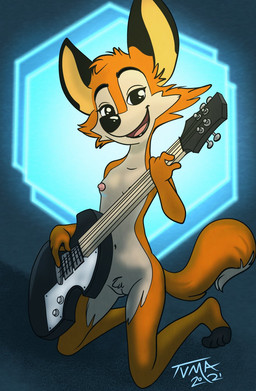 4_toes anthro barefoot black_nose breasts casual_nudity crotch_tuft dipstick_tail electric_guitar feet female fur genitals guitar holding_guitar holding_musical_instrument holding_object kneeling looking_at_viewer markings musical_instrument navel nipples nude open_mouth open_smile orange_body orange_fur plucked_string_instrument pubes small_breasts smile smiling_at_viewer solo string_instrument tail tail_markings toeless_(marking) toes tuft vulva tvma rock_dog darma_(rock_dog) canid canine fox mammal 2021 full-length_portrait hi_res portrait