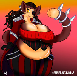 anthro big_breasts breasts cleavage clothed clothing dreadlocks ear_piercing eye_patch eyewear female piercing pirate scar slightly_chubby solo yellow_eyes gammanaut domestic_cat felid feline felis mammal