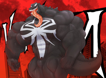 abs anthro biceps big_muscles bodily_fluids bulge city claws deltoids duo huge_muscles long_tongue male male/male muscular muscular_male pecs saliva sharp_teeth sweat teeth tongue tongue_out trapezius triceps vein veiny_muscles nic024 godzilla_(series) marvel toho godzilla venom_(marvel) kaiju symbiote hi_res