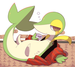 ambiguous_feral ambiguous_gender asian_clothing big_tail biped bipedal_feral blush brown_eyes clothed clothed_ambiguous clothed_feral clothing countershading drunk east_asian_clothing feral green_body half-closed_eyes haori japanese_clothing lying lying_on_ground narrowed_eyes on_back on_ground red_clothing red_topwear sake_dish side_view simple_background solo substance_intoxication tail tan_body tan_countershading topwear white_background crepix nintendo pokemon generation_5_pokemon pokemon_(species) snivy 2025 cel_shading digital_drawing_(artwork) digital_media_(artwork) shaded