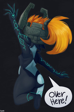 armor blue_markings breasts butt female floating fused_shadow gesture hair headgear helmet markings multicolored_body orange_hair rear_view small_breasts solo speech_bubble waving suchimonix nintendo the_legend_of_zelda twilight_princess midna humanoid imp twili absurd_res hi_res