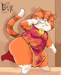 anthro asian_clothing bell bell_collar big_butt brown_background butt chinese_clothing chinese_dress clothed clothing collar crossdressing dress east_asian_clothing fangs fur male markings one_eye_closed orange_body orange_fur overweight overweight_male pink_clothing simple_background slightly_chubby smile solo standing striped_markings striped_tail stripes tail tail_markings tan_body tan_fur teeth whiskers wide_hips wink ugly-rat15508 raymond_(ugly-rat15508) domestic_cat felid feline felis mammal tabby_cat absurd_res digital_drawing_(artwork) digital_media_(artwork) hi_res signature
