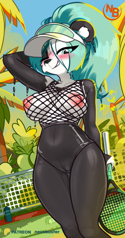 anthro areola big_areola big_breasts big_nipples black_body black_fur breasts camel_toe clothed clothing female fishnet_clothing fishnet_topwear fur looking_at_viewer multicolored_body multicolored_fur nipples outside smile smiling_at_viewer solo topwear two_tone_body two_tone_fur white_body white_fur nevobaster bear giant_panda mammal 2026 absurd_res hi_res