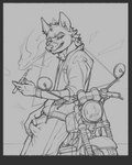 biker biker_jacket border bulge e-cigarette grey_border light_nose male motorcycle smoke snout solo vehicle orioz canid canine canis mammal wolf absurd_res digital_drawing_(artwork) digital_media_(artwork) hi_res monochrome portrait three-quarter_portrait