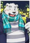 anthro belly big_belly black_nose blush clothing kemono male one_eye_closed open_mouth overweight overweight_male scarf shirt smile solo topwear white_body wink maron2475 utau shirane_kan bear mammal polar_bear ursine 2024 hi_res