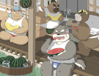 anthro asian_clothing belly blush brown_body brown_fur butt clothing detailed_background east_asian_clothing eating eyes_closed food fruit fundoshi fur group humanoid_hands japanese_clothing kemono male melon overweight overweight_male plant scar sitting sumo underwear watermelon watermelon_slice hon55728 lifewonders tokyo_afterschool_summoners ashigara_(tas) ganglie_(tas) moritaka_(tas) yasuyori_(tas) bear canid canine canis domestic_dog mammal suid suine sus_(pig) wild_boar 2020 hi_res