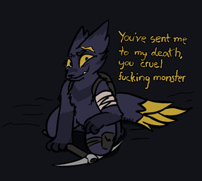 ambiguous_gender anthro bandage bandaged_arm blood bodily_fluids colored_blood crying dipstick_tail facial_scar gauze looking_at_viewer markings pickaxe scar solo tail tail_markings tears text unusual_blood unusual_bodily_fluids wounded yellow_blood bizart scav_prototype canid canine experiment_(scav_prototype) mammal aliasing digital_media_(artwork) english_text