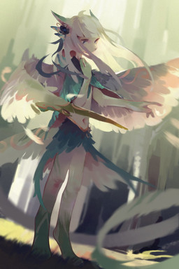 4_toes ambiguous_gender anthro barefoot blue_eyes clothed clothing digitigrade ears_back feathered_wings feathers feet fur green_markings hair leg_markings long_hair markings navel outside paws pivoted_ears plant socks_(marking) solo standing three-quarter_view toes tree unsigned white_body white_feathers white_fur white_hair white_wings wings carbonizedaki species_request 2:3 full-length_portrait hi_res portrait