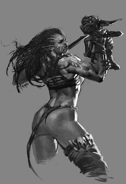 back_muscles butt clothed clothing duo female hair holding_character holding_melee_weapon holding_object holding_sword holding_weapon humanoid_pointy_ears looking_at_another melee_weapon muscular muscular_female muscular_humanoid not_furry pointy_ears skimpy standing sword tattoo weapon bayard_wu goblin humanoid orc 2016 greyscale monochrome