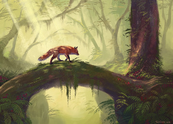 bridge feral forest light log nude outside plant scenery side_view solo sunlight tree wood trunorth canid canine fox mammal 2018 digital_media_(artwork) digital_painting_(artwork) full-length_portrait painting_(artwork) portrait