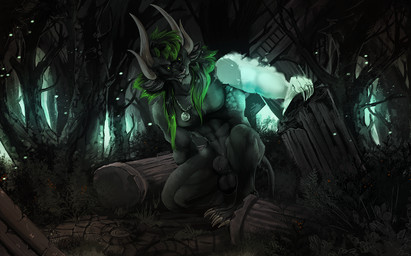 4_ears 4_horns animal_genitalia anthro balls black_body black_fur black_hair claws crouching finger_claws forest forest_background fur genitals green_eyes green_hair hair horn jewelry male missing_arm multi_ear multi_horn multicolored_hair muscular muscular_anthro muscular_male nature nature_background necklace outside pillar plant sheath solo tree two_tone_hair i-psilone guild_wars charr felid mammal 2021 digital_media_(artwork) hi_res