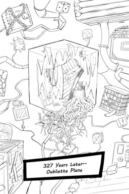 ambiguous_gender building chain cube_(object) dice hourglass_(object) lock not_furry roots speech_bubble surrealism text time_skip zero_pictured fraek comic english_text hi_res monochrome
