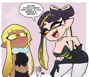 age_difference bare_shoulders big_breasts black_clothing black_crop_top black_dress black_gloves black_hair black_handwear black_shirt black_topwear blonde_hair blush bodily_fluids breasts cleavage clothed clothing crop_top cross_pupils dress duo_focus ear_piercing eyelashes female flirting gloves group hair handwear heart_symbol humanoid_pointy_ears larger_female larger_humanoid leaning leaning_forward midriff navel nervous older_female older_humanoid open_mouth piercing pointy_ears pseudo_hair shirt size_difference sleveless_shirt smaller_female smaller_humanoid strapless_clothing strapless_dress suckers sweat tentacle_hair tentacles topwear trio white_hair yellow_eyes younger_female younger_humanoid nelljoestar nintendo splatoon agent_3_(splatoon) callie_(splatoon) marie_(splatoon) animal_humanoid cephalopod cephalopod_humanoid humanoid inkling marine marine_humanoid mollusk mollusk_humanoid squid_humanoid 2015 hi_res nonbinary_(lore)