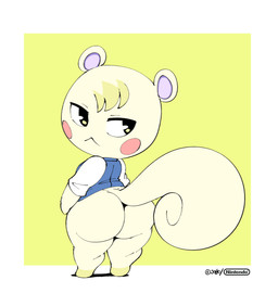 :< anthro big_butt blush blush_stickers bottomless butt clothed clothing fur jacket looking_back male rosy_cheeks shirt shortstack shortstack_male solo thick_thighs topwear white_body white_fur wide_hips yellow_eyes joaoppereiraus animal_crossing nintendo marshal_(animal_crossing) grey_squirrel mammal rodent sciurid tree_squirrel 2020 digital_media_(artwork) hi_res signature
