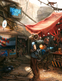 anthro black_nose clothed clothing curved_horn day group horn male open_mouth outside sky smile standing teeth tongue kenket fallout microsoft avian bird bovid canid canine caprine corvid corvus_(genus) crow domestic_cat felid feline felis mammal oscine passerine raven 2018 hi_res painting_(artwork) traditional_media_(artwork) traditional_painting_(artwork)