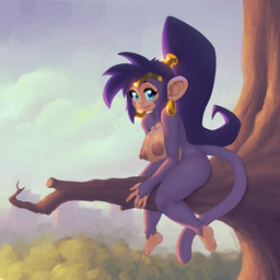 5_fingers 5_toes alternate_form alternate_species areola big_breasts blue_eyes breasts ear_piercing ear_ring eyelashes feet female fingers hair humanoidized long_hair looking_at_viewer nipples piercing plant ponytail purple_hair ring_piercing solo toes tree nitro shantae_(series) wayforward shantae_(monkey_form) animal_humanoid haplorhine humanoid mammal mammal_humanoid monkey monkey_humanoid primate primate_humanoid 1:1 digital_drawing_(artwork) digital_media_(artwork)