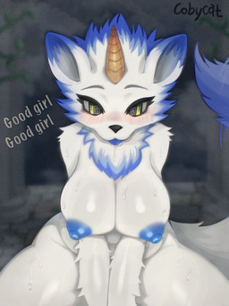 1_horn anthro anthrofied areola arm_tuft big_breasts biped black_nose blue_areola blue_body blue_ear_tips blue_fur blue_nipples blue_tail_tip blue_tongue blurred_background blush blush_lines bodily_fluids breasts detailed_background dialogue dipstick_ears dipstick_tail drooling ear_markings eyebrows eyelashes facial_tuft female female_anthro front_view fur fur_tuft glistening glistening_breasts glistening_nipples good_girl green_eyes horn hypnosis looking_at_viewer markings mind_control motion_lines multicolored_body multicolored_ears multicolored_fur nipples nude nude_anthro nude_female ruff saliva shoulder_tuft solo spiral spiral_eyes sweat sweaty_body sweaty_breasts tail tail_markings tail_motion tailwag text thick_thighs tongue tongue_out tuft two_tone_body two_tone_ears two_tone_fur two_tone_tail white_body white_fur white_sclera white_tail wide_hips cobycat maplestory nexon felid grupin_(maplestory) mammal pantherine 2025 3:4 absurd_res artist_name digital_media_(artwork) english_text hi_res portrait shaded three-quarter_portrait