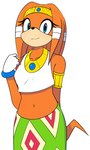 anthro black_nose blue_eyes bottomwear clothing female gloves gold_armlet handwear looking_at_viewer navel orange_body orange_skin orange_tail pattern_bottomwear pattern_clothing simple_background skirt smile solo standing tail topwear white_background white_clothing white_gloves white_handwear white_topwear sourlemonade sega sonic_adventure sonic_the_hedgehog_(series) tikal_the_echidna echidna mammal monotreme hi_res