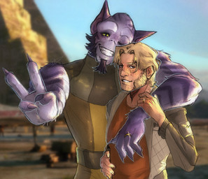 beard blonde_hair digit_ring facial_hair fur hair jewelry pointy_ears ring striped_body striped_fur stripes wedding_ring razorflame45 star_wars star_wars_rebels alexsandr_kallus garazeb_orrelios alien human humanoid lasat mammal hi_res
