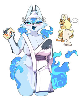 anthro areola areola_slip big_breasts blue_body blue_eyes blue_fur blush breasts clothed clothing duo female fur kemono nipple_outline nipples simple_background smile solo_focus thick_thighs pinkejack brooklyn_sweater yuurei-chan canid canine fox ghost mammal spirit yurei absurd_res hi_res