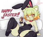 2024 4_fingers animal_humanoid anthro arm_support bare_shoulders bed bed_sheet bedding belly black_clothing black_legwear black_leotard bow_tie breasts camel_toe cat_nose chibi clothed clothing collarbone colored cuff_(restraint) dark_pupils digital_media_(artwork) easter easter_egg egg eye_through_hair eyebrow_through_hair eyebrows eyelashes eyelashes_through_hair fake_ears fake_rabbit_ears feet felid felid_humanoid feline feline_humanoid female fingers fishnet_clothing fishnet_legwear fur furniture green_body green_fur green_hair hair happy_easter holding_easter_egg holding_egg holding_object holidays humanoid leaf leaf_hair leaf_tail legwear leotard looking_at_viewer mammal mammal_humanoid medium_breasts medium_hair multicolored_body multicolored_fur nipples on_bed orange_eyes orange_hair parura_lew_(artist) phina_(parura_lew) pillow plant plant_hair playboy_bunny presenting pseudo_hair restraints shaded shirt_collar shirt_cuffs short_hair short_stack signature simple_background sitting slightly_chubby slightly_chubby_anthro slightly_chubby_female smile smiling_at_viewer soles solo spread_legs spreading strapless_clothing strapless_leotard tail text thick_thighs thigh_highs tight_clothing tight_legwear toes translucent translucent_hair two_tone_body two_tone_fur wide_hips wrist_cuffs