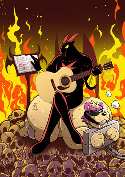 acoustic_guitar anthro ball_gag bone bound dominant dominant_male dreadnought_(guitar) duo fire gag guitar hell humor male music_stand musical_instrument nude overweight overweight_male plucked_string_instrument shaved sheet_music skull string_instrument submissive submissive_male wings takataka black_satan_(takataka) bear bovid caprine demon goat mammal 2019