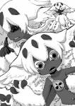 anthro blood bodily_fluids dark_body dark_skin fangs feather_hair feathers female group hair kemono looking_at_viewer open_mouth pseudo_hair teeth white_body white_feathers white_hair young astrosquid made_in_abyss faputa arthropod narehate monochrome