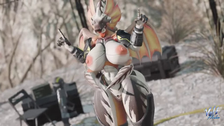 4_arms anthro big_breasts blurred_background bouncing_breasts breasts brown_body dancing eyes_closed female genitals huge_breasts membrane_(anatomy) membranous_wings multi_arm multi_limb multicolored_body nipples nude nude_anthro nude_female orange_body orange_nipples pink_nipples pubic_tattoo shaking_hips skull_tattoo small_waist solo spikes spikes_(anatomy) standing tan_body tattoo thick_thighs vulva wings voltharbor da.nilkaz_(modeler) helldivers xena_(sketchy_protogen) arthropod stalker_(helldivers) terminid 16:9 2025 3d_(artwork) 3d_animation animated digital_media_(artwork) loop no_sound short_playtime video widescreen