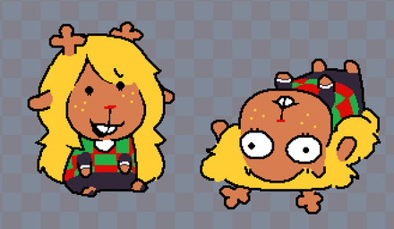 anthro antlers black_bottomwear black_clothing blonde_hair bottomwear brown_body brown_fur buckteeth checkered checkered_background checkered_clothing checkered_topwear clothing dot_eyes female freckles fur hair horn long_hair lying mouth_closed on_back open_mouth pattern_background pattern_clothing pattern_topwear red_nose simple_background simple_eyes sitting solo teeth topwear wide_eyed asepriterico deltarune undertale_(series) noelle_holiday deer mammal new_world_deer reindeer 2025 digital_media_(artwork) hi_res meme pixel_(artwork)