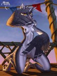 2023 3:4 anthro avian beak bird black_nipples breasts breath_of_the_wild claws feathered_wings feathers female fur genitals grey_body grey_feathers grey_fur hi_res kayla kneeling looking_at_viewer nintendo nipples nude outside pose pussy rito solo the_legend_of_zelda tram15vay winged_arms wings