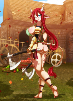 armor axe breasts butt convincing_weapon female hair hooves horn melee_weapon one_eye_closed red_hair side_boob solo tail tail_tuft thick_thighs tuft unconvincing_armor weapon wink matypup rosalind_(matypup) animal_humanoid bovid bovid_humanoid bovine cattle horned_humanoid humanoid mammal mammal_humanoid tailed_humanoid 2011 digital_media_(artwork) hi_res