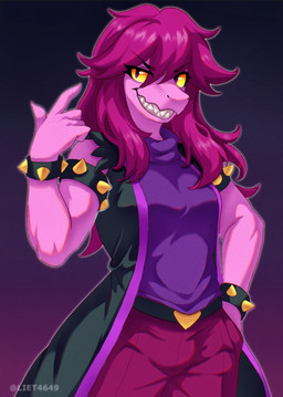 5_fingers anthro armband belt bottomwear bracelet clothed clothing eyebrow_through_hair eyebrows eyelashes female fingers fully_clothed hair hand_in_pocket jacket jewelry long_hair looking_at_viewer pants pink_hair pockets purple_body purple_eyes sharp_teeth shirt smile solo spiked_armband spiked_bracelet spikes tank_top teeth text topwear translucent translucent_hair twitter_handle yellow_sclera liet4649 deltarune undertale_(series) susie_(deltarune) dinosaur prehistoric_species reptile scalie 2025 artist_name hi_res