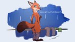 anthro bottomwear bottomwear_around_legs butt clothed clothing clothing_around_legs dialogue discarded_clothing locker_room looking_at_viewer male pants pants_around_legs solo standing text topless undressed trevart disney zootopia nick_wilde canid canine fox mammal red_fox true_fox 16:9 english_text widescreen