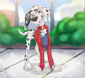 black_ears black_nose black_spots blue_clothing blue_shirt blue_topwear clothing collar feral floppy_ears fur heterochromatic_ears hoodie male pink_inner_ear red_clothing red_collar red_hoodie red_topwear shirt silver_ear_piercing solo spots toony topwear white_body white_fur white_spots xtrent968 101_dalmatian_street 101_dalmatians disney dylan_(101_dalmatians) canid canine canis dalmatian domestic_dog mammal hi_res