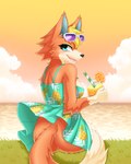 anthro blonde_hair butt clothed clothing cloud eyewear female fur hair looking_at_viewer looking_back no_underwear orange_body orange_fur orange_tail solo sunglasses sunset tail fluffy_hinu animal_crossing nintendo audie_(animal_crossing) canid canine canis mammal wolf 4:5 hi_res