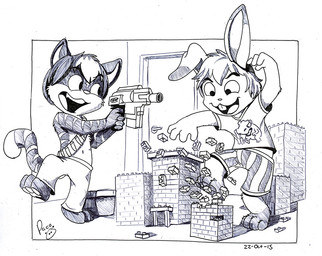 anthro bottomwear clothed clothing destruction duo hair holding_object holding_toy holding_toy_gun inside logo male male_anthro markings messy_hair open_mouth open_smile pants playful shirt short_hair smile standing striped_arms striped_markings striped_tail stripes t-shirt tail tail_markings topless topwear toy toy_gun young young_anthro young_male pandapaco felid lagomorph leporid mammal rabbit 2015 artist_logo dated monochrome signature