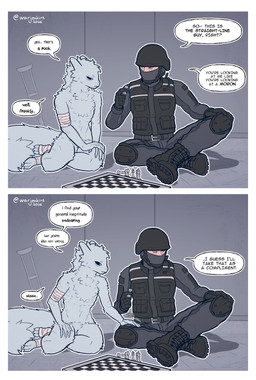 armor balaclava bandage blue_eyes boots bulletproof_vest chess chess_board chess_piece clothed clothed_human clothing dialogue duo footwear fully_clothed fully_clothed_human fully_colored gloves handwear headgear helmet male male/male mask nude nude_male rubbing_thigh scar shoes sitting text warjenkins casualties:_unknown gunsawian human humanoid mammal milky_(gunsawian) 2026 absurd_res english_text hi_res