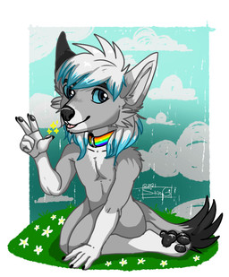 anthro blep chibi cloud flower happy kneeling lgbt_pride male pawpads paws plant pride_colors raining sitting sitting_on_ground six-stripe_rainbow_pride_colors solo tongue tongue_out sting_12 dante_kinkade canid canine canis mammal wolf hi_res