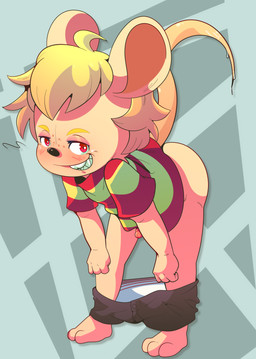 anthro ass_up blonde_hair blush bodily_fluids bottomless bottomwear bottomwear_down clothed clothing erection genitals hair looking_at_viewer male pants pants_down partially_clothed pattern_clothing pattern_shirt pattern_topwear penis pose shirt simple_background small_penis smile solo striped_clothing striped_shirt striped_topwear stripes tail teasing teasing_viewer topwear young young_anthro young_male kentobi gregory_horror_show james_(ghs) mammal mouse murid murine rodent absurd_res hi_res