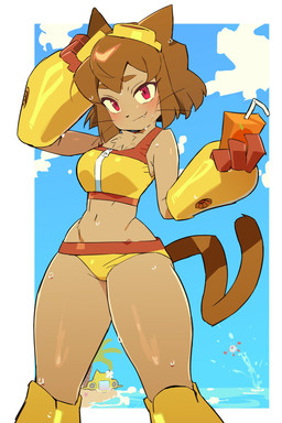 anthro bikini bikini_bralette blush breasts brown_body brown_hair chest_tuft clothing duo eyebrows eyelashes eyewear eyewear_on_head female female_focus goggles goggles_on_head hair juice_box machine male navel red_eyes smile swimwear tuft two-piece_swimsuit whiskers yellow_sclera gh92291 gameoverse glitch_productions kaboodle_(gameoverse) kit_bodega domestic_cat felid feline felis mammal robot 2026 hi_res