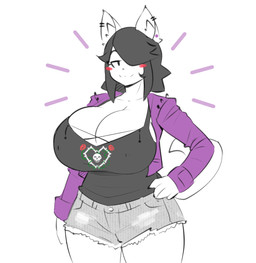 anthro big_breasts black_hair blush blush_stickers bottomwear breasts cleavage clothed clothing denim denim_clothing ear_piercing female hair hair_over_eye hand_on_hip huge_breasts jacket looking_at_viewer one_eye_obstructed piercing shirt short_hair shorts simple_background smile solo tank_top topwear white_background theycallhimcake maggie_applebee canid canine canis domestic_dog mammal 2019 hi_res