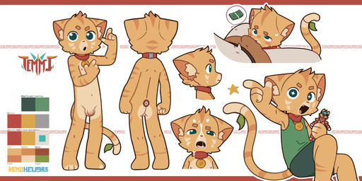 action_figure anthro balls bodily_fluids bottomwear bulge butt casual_nudity clothed clothing collar collar_only crotch_sniffing cum cum_on_face duo finger_gun flaccid foreskin fur genital_fluids genitals gesture green_eyes hand_gesture male male/male markings nipples nude orange_body orange_fur penis prostitution shirt shorts simple_background size_difference small_penis sniffing solo_focus standing star_eyes striped_markings striped_tail stripes tail tail_markings tank_top text topwear underwear young young_anthro young_male capnkabi temmi_(leafontail) felid feline mammal alternate_version_at_source colored english_text hi_res model_sheet