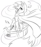 anthro apple_in_mouth bow_(weapon) cloak clothed clothing female female_focus looking_back paws ranged_weapon tail weapon chaokocartoons dungeons_of_aether rivals_of_aether fleet_(dungeons_of_aether) canid canine fox mammal black_and_white hi_res line_art monochrome