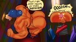 anthro balls big_butt bullying butt clothing floppy_ears genitals hat headgear headwear lowered_pants male muscular muscular_anthro muscular_male profanity sex_toy solo speech_bubble text vibrator tiburalgo canid canine mammal 16:9 english_text hi_res widescreen