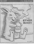 ambiguous_gender bottle container ether feral humor parody pun solo text andy_singer lagomorph leporid mammal rabbit 1995 english_text greyscale monochrome