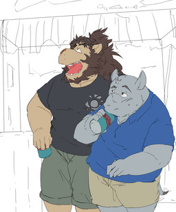 anthro blush bottomwear clothing duo grey_body humanoid_hands kemono male overweight overweight_male shirt shorts topwear train_(artist) felid lion mammal pantherine rhinoceros 2015 5:6