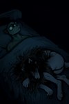 2018 2:3 anthro awake bed bedding blanket blue_theme butt canid canine canis carol_(hladilnik) curled_up daniel_(hladilnik) digital_media_(artwork) digitigrade domestic_dog duo female furniture ghost hair hi_res hladilnik long_hair looking_up lying male mammal nude on_back sleeping spirit wide_eyed