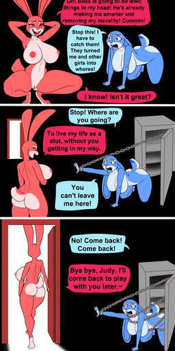 ahegao all_fours anthro areola barbell_piercing begging big_breasts biped blue_body blue_eyes bound breasts butt chain chained crouching cuff_(restraint) dialogue door doorway duo eyes_mostly_closed feet female female_anthro front_view genitals handcuffed handcuffs hands_behind_head huge_breasts humanoid_genitalia humanoid_vulva looking_pleasured loss_of_self metal_cuffs narrowed_eyes nipple_barbell nipple_piercing nipples open_mouth panicking piercing pose red_body red_eyes restraints short_tail smug speech_bubble spread_legs spreading standing submissive submissive_anthro submissive_female tail talking_to_another text toes vulva walking wide_eyed albinefox disney zootopia judy_hopps european_rabbit lagomorph leporid mammal oryctolagus rabbit absurd_res artist_name colored comic english_text hi_res pinup