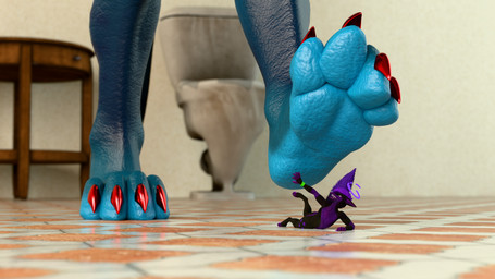 4_toes anthro bathroom black_body black_fur blue_body blue_eyes blue_nose blue_paws blue_scales claws close-up dipstick_tail duo extreme_size_difference feet fur fur_markings glowing glowing_nose hair halo macro male male/male markings micro multicolored_body oblivious paws plantigrade purple_body purple_fur purple_hair purple_mouth red_claws scales shrunk simple_background size_difference soles stepped_on stomping tail tail_markings toes two_tone_body under_paws wristband kitsunaki_(artist) kitsunaki nyterious_(character) canid canine ceratopsian ceratopsid chasmosaurine dinosaur fox mammal marginocephalian ornithischian prehistoric_species reptile rexouium scalie triceratops 16:9 2026 3d_(artwork) blender_(artwork) digital_media_(artwork) hi_res shaded widescreen